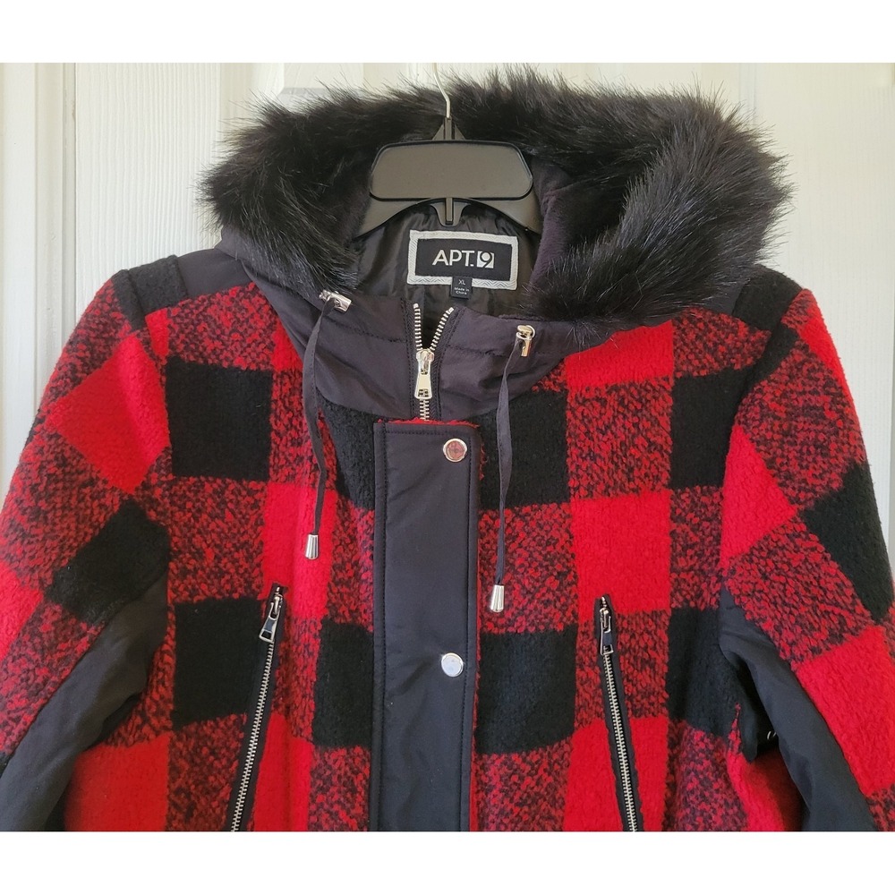 APT.9 Coat Size XL Red Black Plaid Winter Heavy Hooded Faux Fur Trim Mid‎ Length - Picture 4 of 13